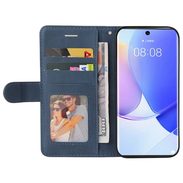 KT Leder-serie-1 Anti-fingerabdruck Dual-Color Spleißstil Flip Phone Shell PU Leder Brieftasche Design Telefonhülle Mit Stand Für Huawei Nova 9 / Ehre 50 - Blau