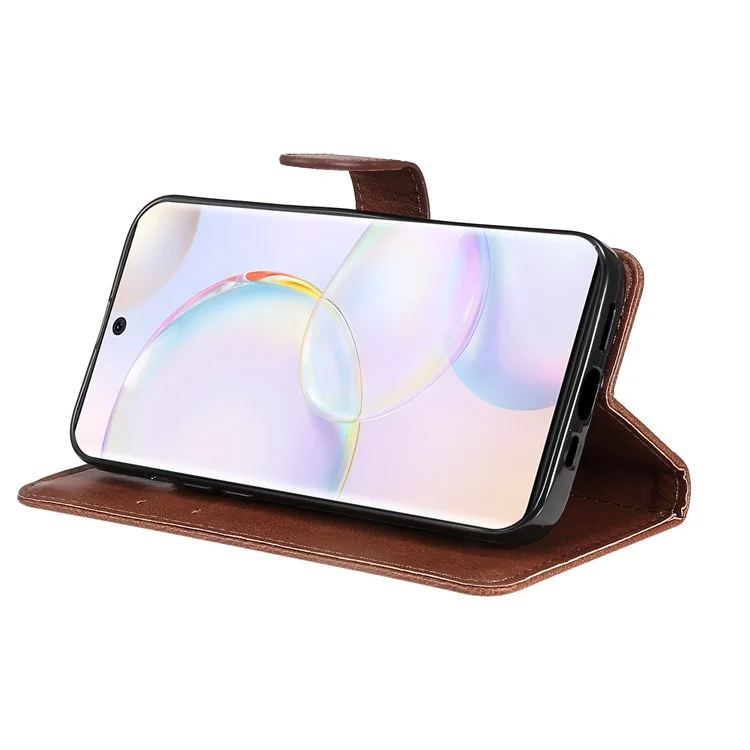 KT Leather Series-2 Caso de Couro de Coloração Sólida Caixa de Couro Interna TPU Soft Top Telefone Com Suporte Ajustável Para Honra 50 5G/Huawei Nova 9 - Castanho