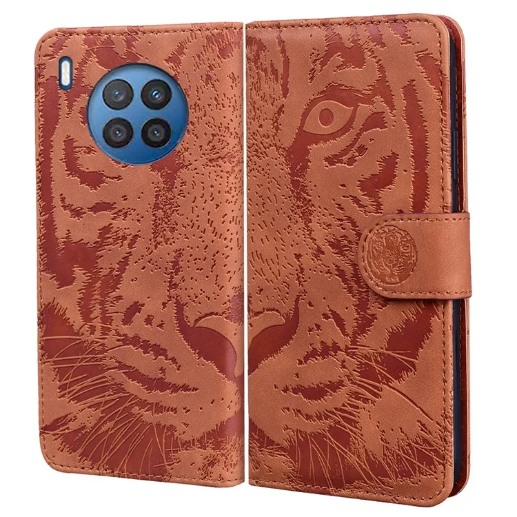 Étui portefeuille en cuir PU avec motif tigre et rabat magnétique, support pour Huawei nova 8i / Honor 50 Lite - Brun