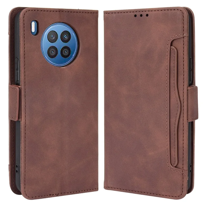 For Huawei nova 8i/Honor 50 Lite Shockproof Magnetic Closure Flip Case Multiple Card Slot Design PU Leather Wallet Phone Cover - Brown