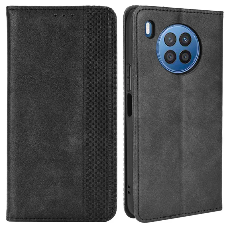 Mobile Phone Leather Case Retro Textured Wallet Stand Protective Cover for Huawei nova 8i/Honor 50 Lite - Black