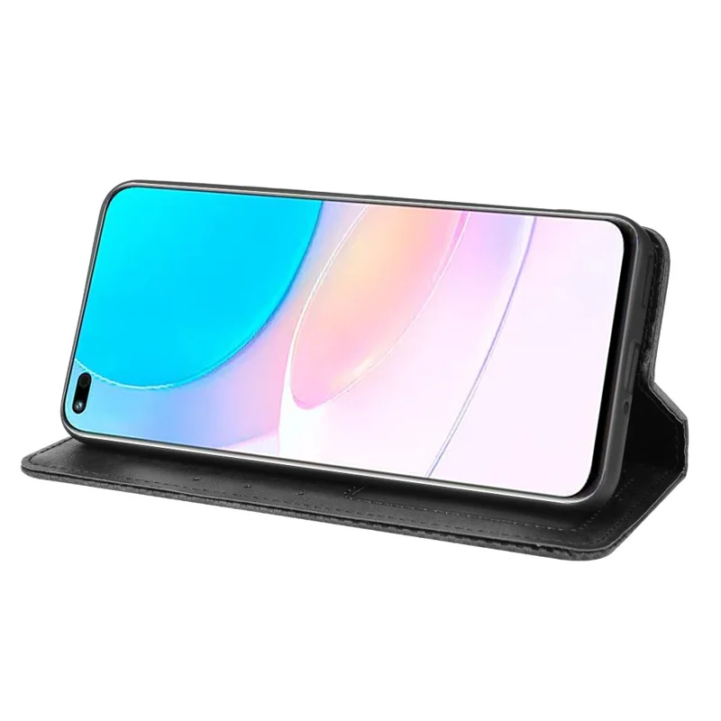Mobile Phone Leather Case Retro Textured Wallet Stand Protective Cover for Huawei nova 8i/Honor 50 Lite - Black