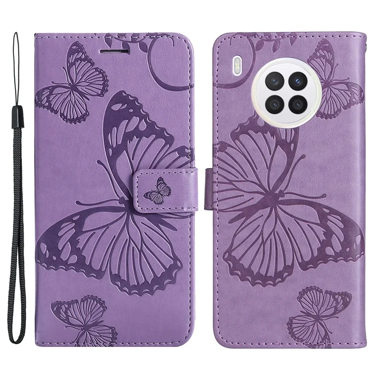 Série Fleur d'Impression KT - Étui portefeuille en cuir PU avec motif papillon imprimé, support, antichoc et dragonne pour Huawei nova 8i / Honor 50 Lite - Violet 