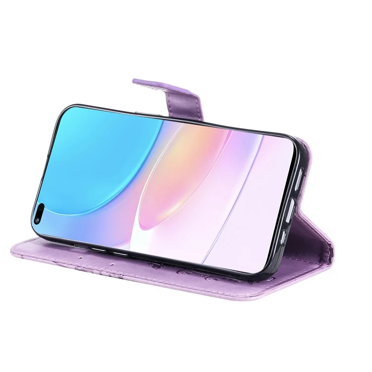Série Fleur d'Impression KT - Étui portefeuille en cuir PU avec motif papillon imprimé, support, antichoc et dragonne pour Huawei nova 8i / Honor 50 Lite - Violet 