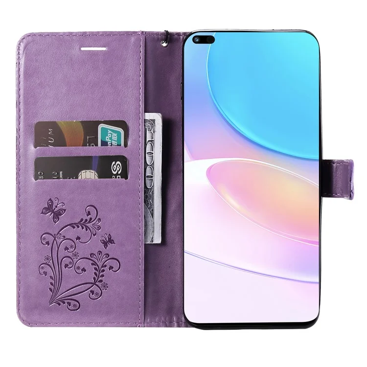 Série Fleur d'Impression KT - Étui portefeuille en cuir PU avec motif papillon imprimé, support, antichoc et dragonne pour Huawei nova 8i / Honor 50 Lite - Violet 