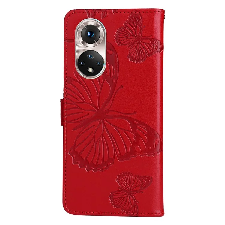 KT Sprudel Blumenserie-2 PU Leder Magnetic Flip Wallet Hülle Ständer Eingeprägter Schmetterlingsmuster Ganzkörperschutzbedeckung Mit Riemen Für Ehren 50 5g / Huawei Nova 9 - Rot