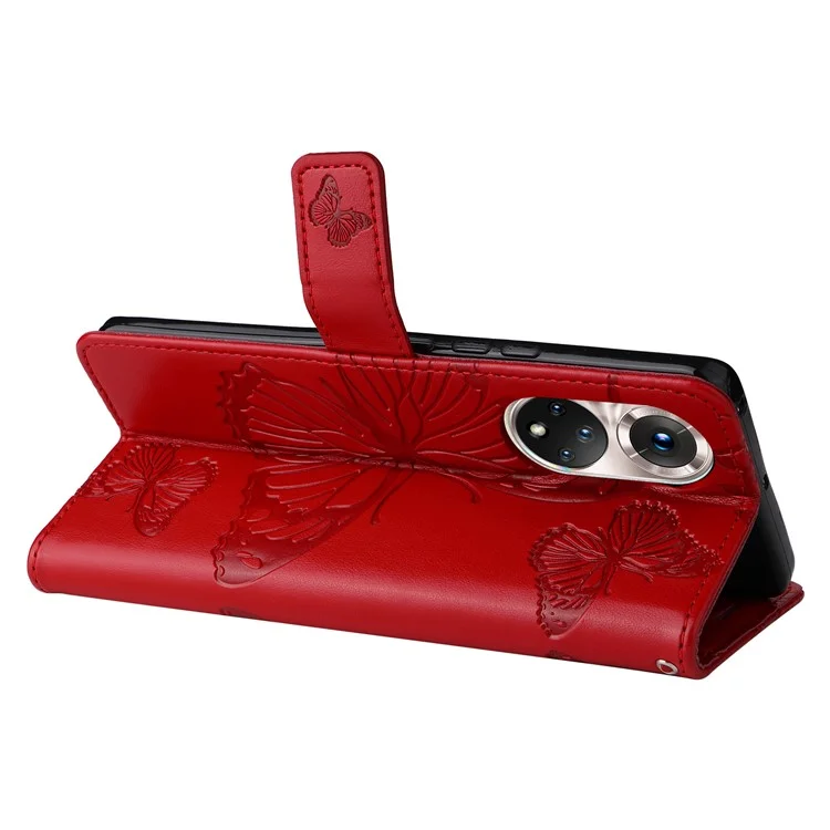 KT Imprinting Flower Series-2 PU Leather Magnetic Flip Wallet Case Stand Imprinted Butterfly Pattern Full Body Protective Cover with Strap for Honor 50 5G / Huawei nova 9 - Vermelho