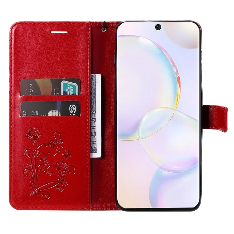 KT Sprudel Blumenserie-2 PU Leder Magnetic Flip Wallet Hülle Ständer Eingeprägter Schmetterlingsmuster Ganzkörperschutzbedeckung Mit Riemen Für Ehren 50 5g / Huawei Nova 9 - Rot