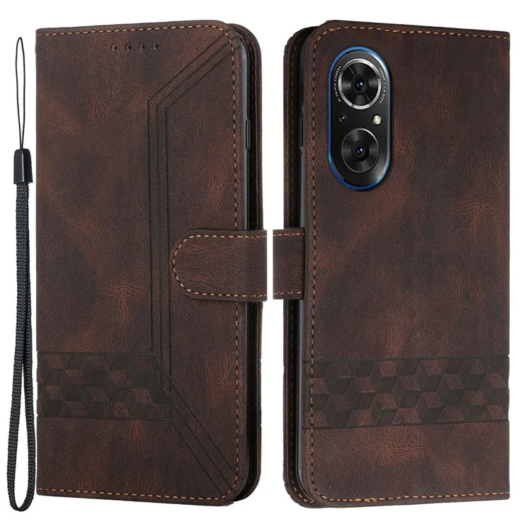 YX0010 Rombus Lines Implinting Skin Touch Feel Leather Flip Cover + Soft Inner Shell Shower Costect Spoate с Ремешком Для Запястья Для Huawei Nova 9/Honor 50 - Коричневый
