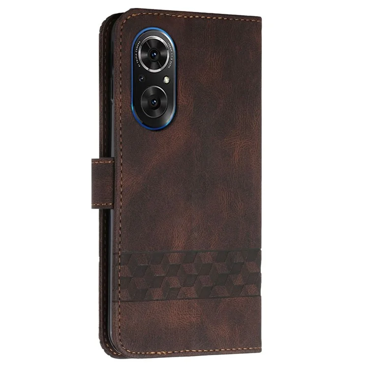 YX0010 Rombus Lines Implinting Skin Touch Feel Leather Flip Cover + Soft Inner Shell Shower Costect Spoate с Ремешком Для Запястья Для Huawei Nova 9/Honor 50 - Коричневый