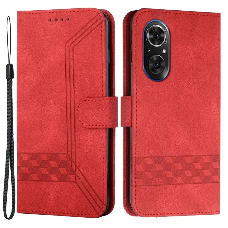 Linhas de Rombus YX0010 Imprimindo a Capa da Capa de Couro Com Sensação de Pele + Caixa de Proteção à Carteira de Stand Stand Macia Com Pulseira Para Huawei Nova 9/Honor 50 - Vermelho