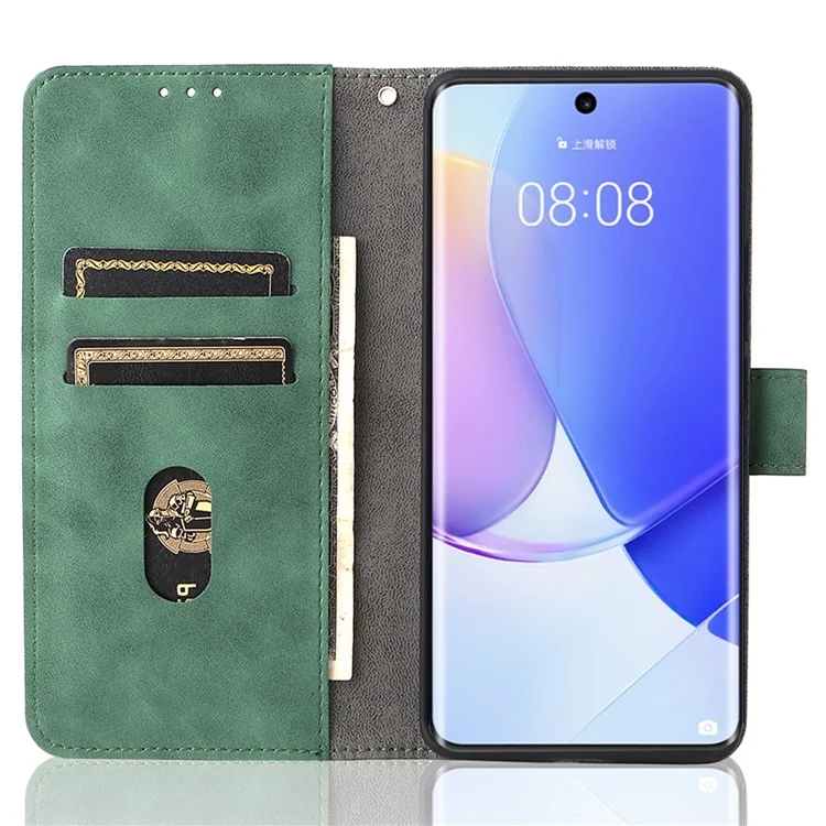 Skin-touch Feeling Stand Wallet Magnetic Clasp Folio Flip Leather Cover Case for Huawei nova 9 - Green