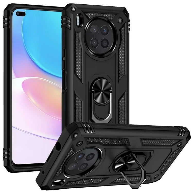 Ring Holder Kickstand Anti-fall Phone Shell PC + TPU Shockproof Hybrid Case with Built-in Metal Sheet for Huawei nova 8i - Black