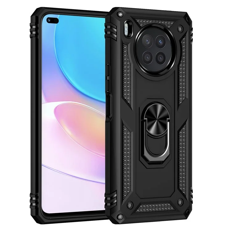Ring Holder Kickstand Anti-fall Phone Shell PC + TPU Shockproof Hybrid Case with Built-in Metal Sheet for Huawei nova 8i - Black
