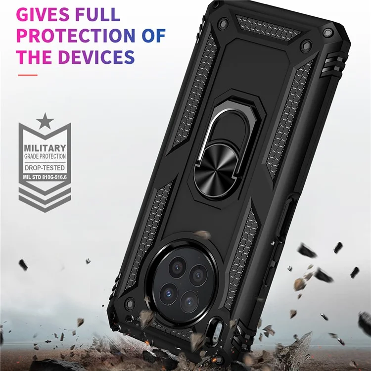 Ring Holder Kickstand Anti-fall Phone Shell PC + TPU Shockproof Hybrid Case with Built-in Metal Sheet for Huawei nova 8i - Black