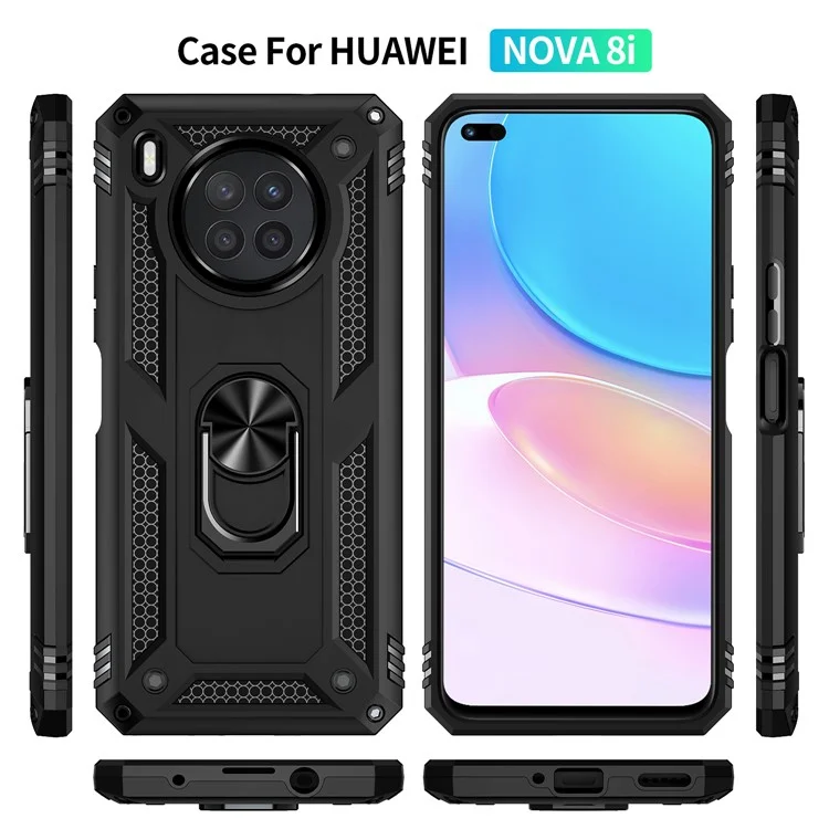 Ring Holder Kickstand Anti-fall Phone Shell PC + TPU Shockproof Hybrid Case with Built-in Metal Sheet for Huawei nova 8i - Black