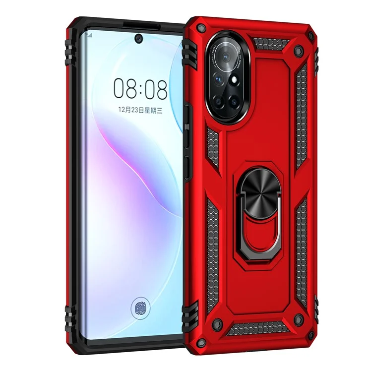 Portabatea Del Anillo Giratorio PC + TPU Cubierta de Teléfono Híbrido de Doble Capa Con Hoja de Metal Incorporada Para Huawei Nova 8 5G - Rojo