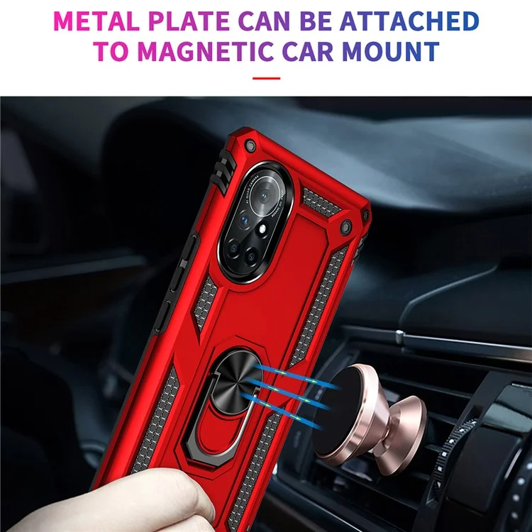 Rotary Ring Holder Kickstand PC + TPU Dual-layer Hybrid Phone Cover with Built-in Metal Sheet for Huawei nova 8 5G - Red