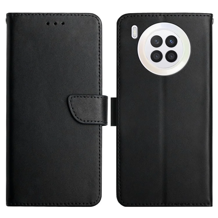 Étui portefeuille en cuir véritable Nappa anti-rayures avec fermeture magnétique pour Huawei nova 8i / Honor 50 Lite - Noir