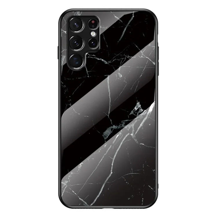 Anti-Scratch Marble Pattern Vetro temprato Custodia ibrida con cornice in TPU morbido per Samsung Galaxy S22 Ultra 5G - Marmo nero 