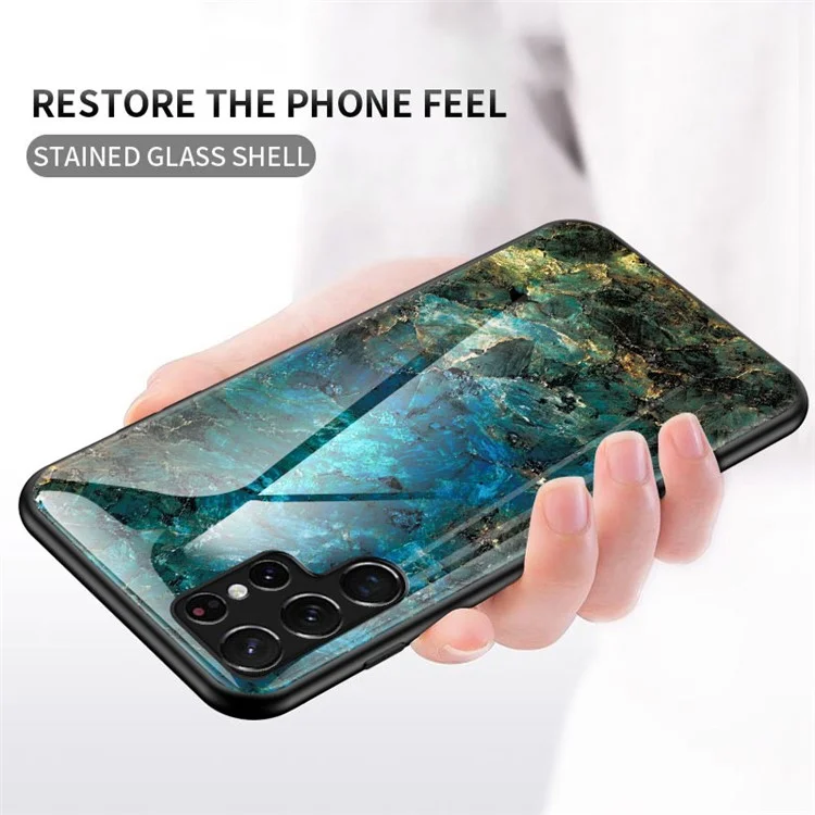 Anti-Scratch Marble Pattern Vetro temprato Custodia ibrida con cornice in TPU morbido per Samsung Galaxy S22 Ultra 5G - Marmo nero 