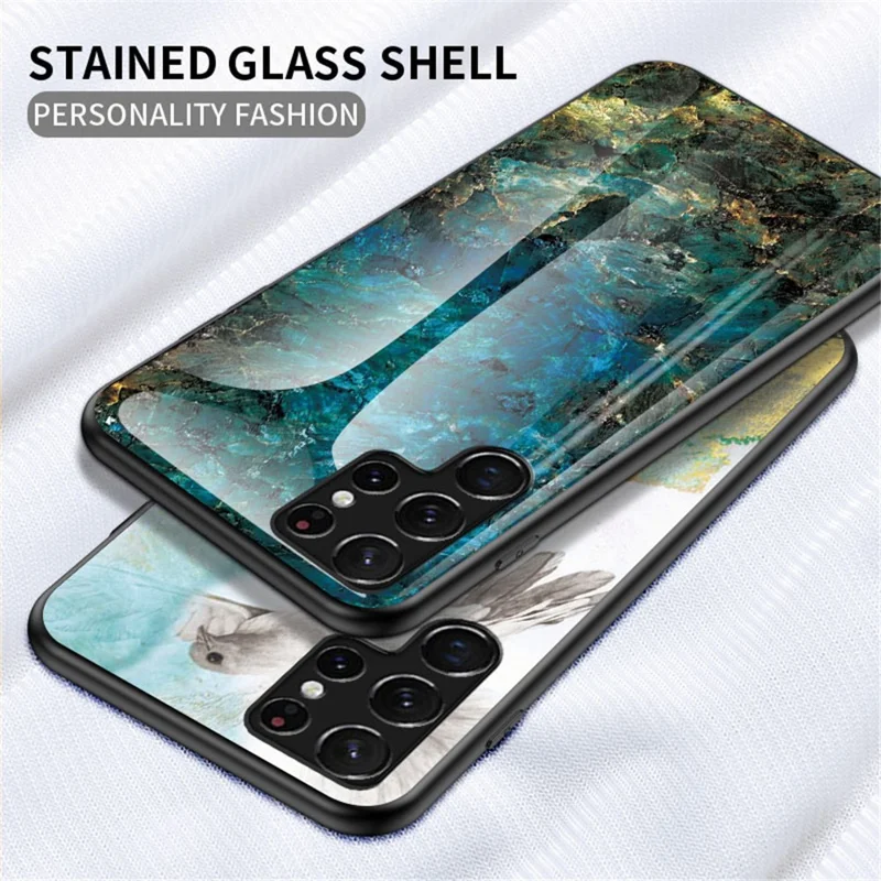 Anti-Scratch Marble Pattern Tempered Glass Back Soft TPU Frame Hybrid Shell for Samsung Galaxy S22 Ultra 5G - Gold Black Marble