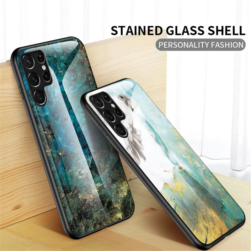 Anti-Scratch Marble Pattern Tempered Glass Back Soft TPU Frame Hybrid Shell for Samsung Galaxy S22 Ultra 5G - Gold Black Marble