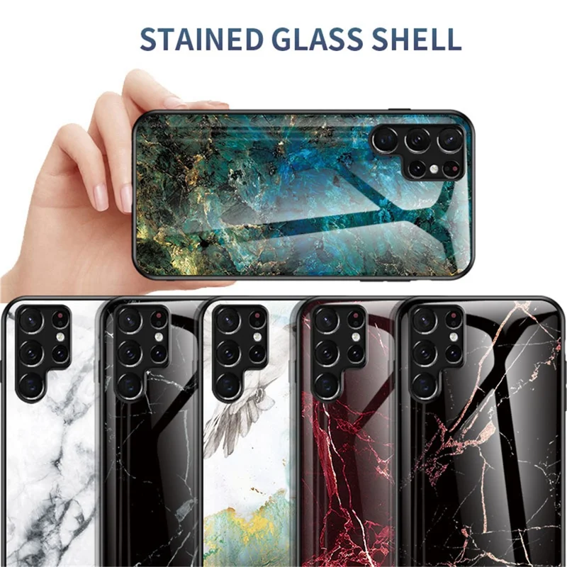 Anti-Scratch Marble Pattern Tempered Glass Back Soft TPU Frame Hybrid Shell for Samsung Galaxy S22 Ultra 5G - Gold Black Marble