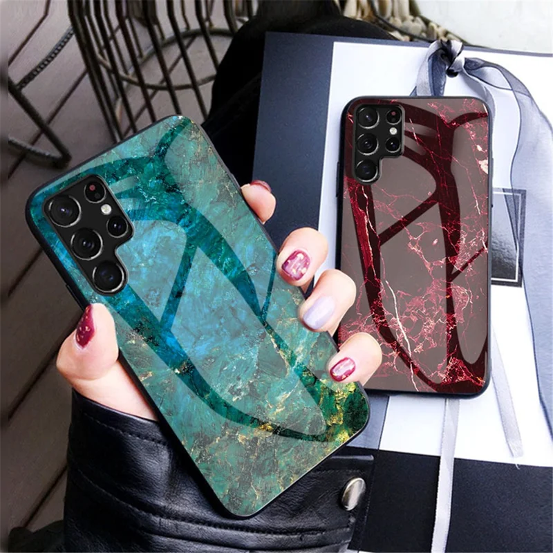 Anti-Scratch Marble Pattern Tempered Glass Back Soft TPU Frame Hybrid Shell for Samsung Galaxy S22 Ultra 5G - Gold Black Marble