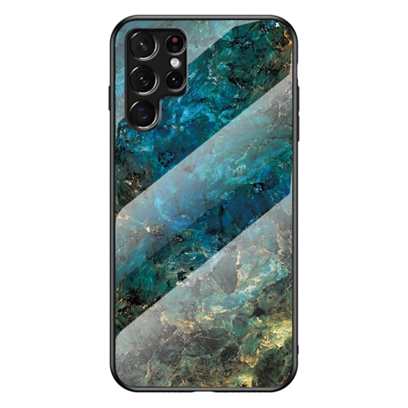 Anti-Scratch Marble Pattern Tempered Glass Back Soft TPU Frame Hybrid Shell for Samsung Galaxy S22 Ultra 5G - Emerald Marble
