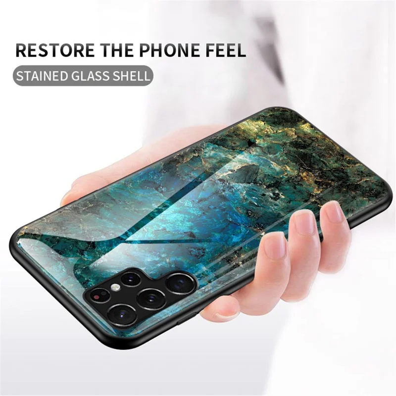 Anti-Scratch Marble Pattern Tempered Glass Back Soft TPU Frame Hybrid Shell for Samsung Galaxy S22 Ultra 5G - Emerald Marble