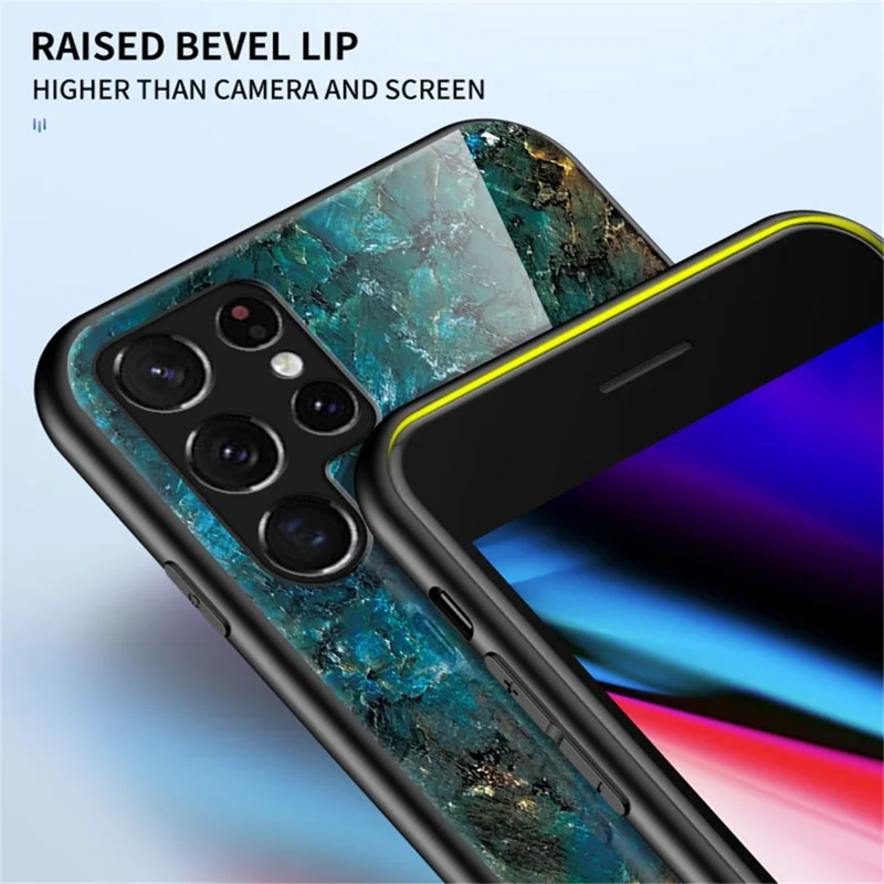 Anti-Scratch Marble Pattern Tempered Glass Back Soft TPU Frame Hybrid Shell for Samsung Galaxy S22 Ultra 5G - Emerald Marble