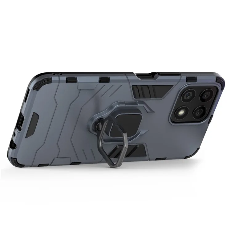 Fingerprint-proof Dual-layer Soft Flexible TPU and Hard PC Shockproof Protective Case with Ring Holder Kickstand for Honor X30i - Dark Blue