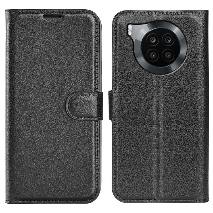 Capa de Proteção de Telefone Celular Revestida de Couro PU a Prova de Choque TPU Textura Litchi Stand Carteira Flip Protetora para Huawei nova 8i/Honor 50 Lite - Preto