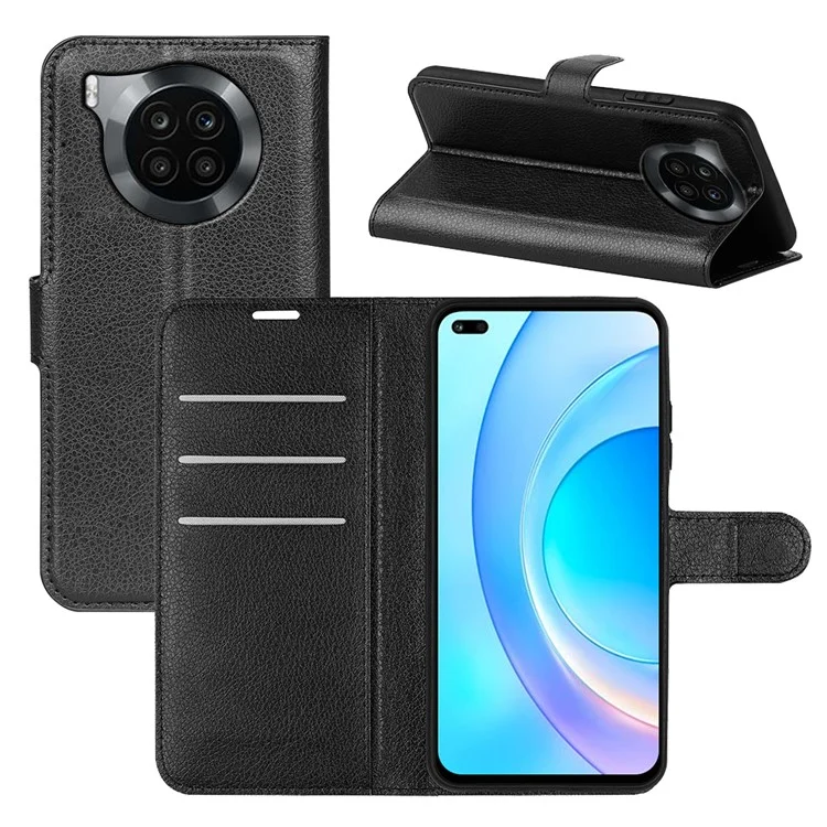 Capa de Proteção de Telefone Celular Revestida de Couro PU a Prova de Choque TPU Textura Litchi Stand Carteira Flip Protetora para Huawei nova 8i/Honor 50 Lite - Preto