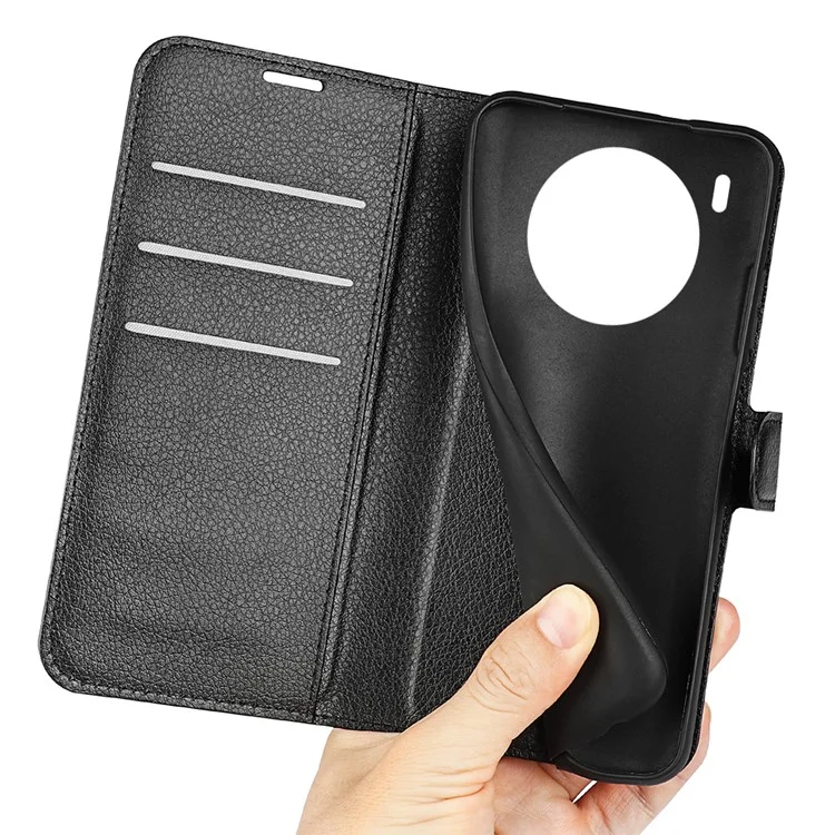 Capa de Proteção de Telefone Celular Revestida de Couro PU a Prova de Choque TPU Textura Litchi Stand Carteira Flip Protetora para Huawei nova 8i/Honor 50 Lite - Preto