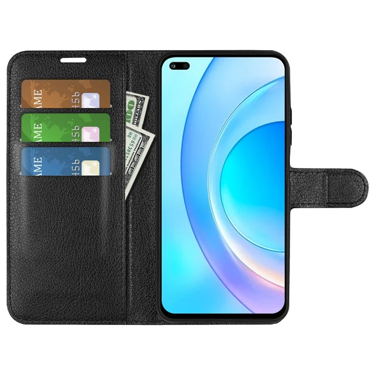 Capa de Proteção de Telefone Celular Revestida de Couro PU a Prova de Choque TPU Textura Litchi Stand Carteira Flip Protetora para Huawei nova 8i/Honor 50 Lite - Preto