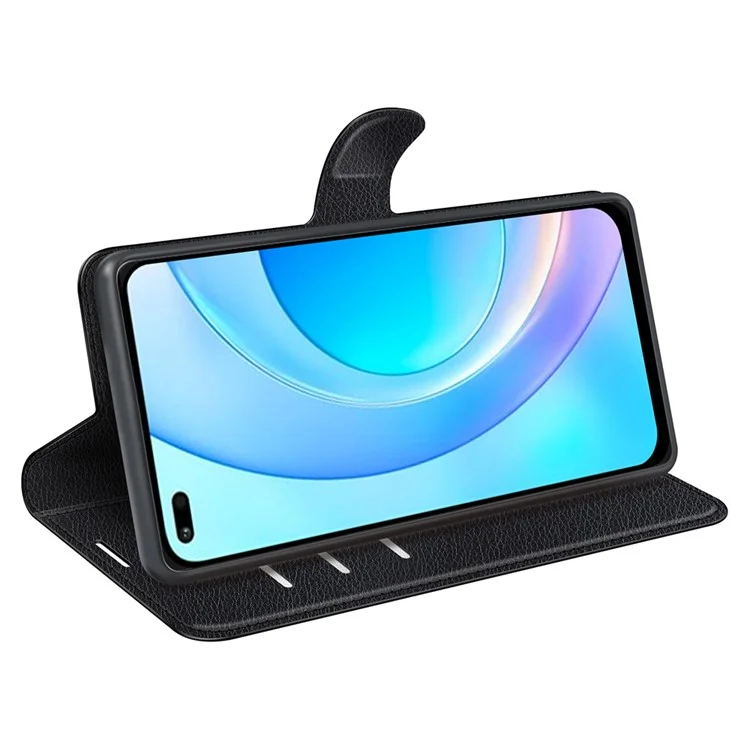 Capa de Proteção de Telefone Celular Revestida de Couro PU a Prova de Choque TPU Textura Litchi Stand Carteira Flip Protetora para Huawei nova 8i/Honor 50 Lite - Preto