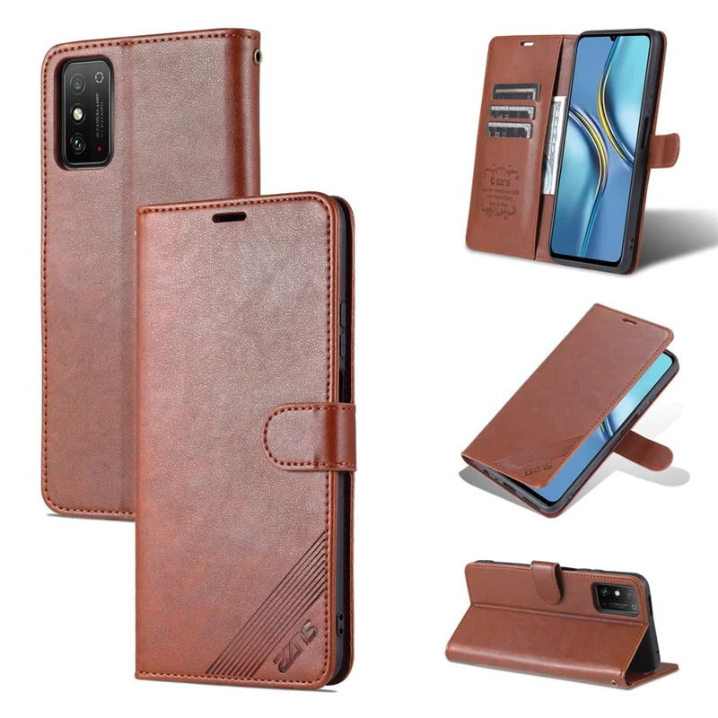 AZNS Textured PU Leather Stand Wallet Case Magnetic Clasp Shock-absorption Cover for Honor X10 Max/X30 Max - Brown