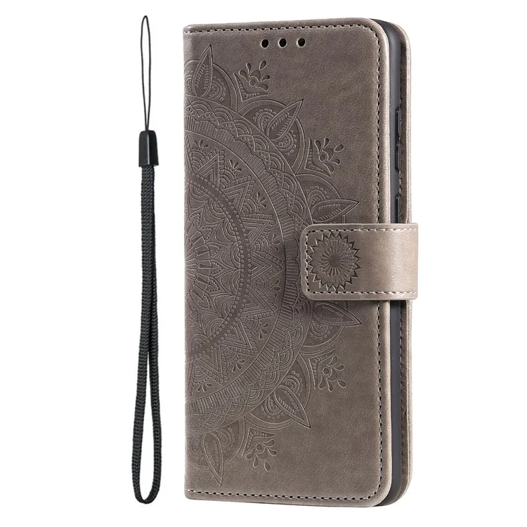 Étui portefeuille en cuir PU + coque TPU douce avec motif de fleur de mandala imprimé et dragonne pour Huawei nova 8i - Gris