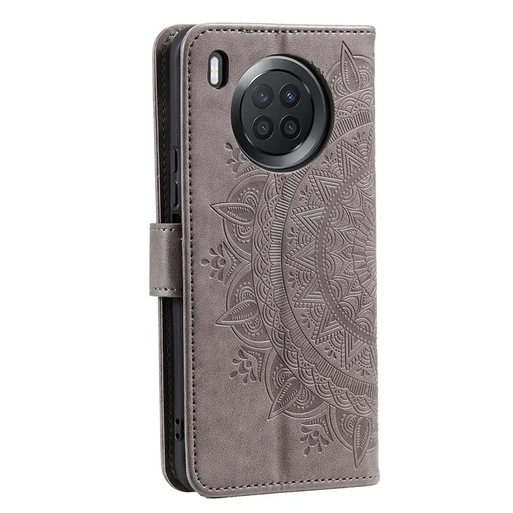 Étui portefeuille en cuir PU + coque TPU douce avec motif de fleur de mandala imprimé et dragonne pour Huawei nova 8i - Gris