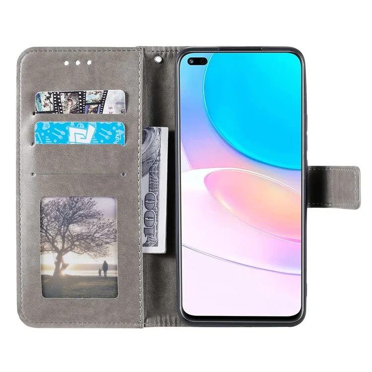 Étui portefeuille en cuir PU + coque TPU douce avec motif de fleur de mandala imprimé et dragonne pour Huawei nova 8i - Gris