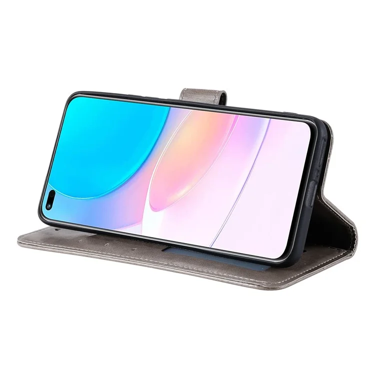Étui portefeuille en cuir PU + coque TPU douce avec motif de fleur de mandala imprimé et dragonne pour Huawei nova 8i - Gris