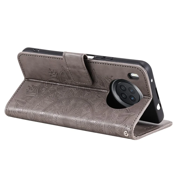 Étui portefeuille en cuir PU + coque TPU douce avec motif de fleur de mandala imprimé et dragonne pour Huawei nova 8i - Gris