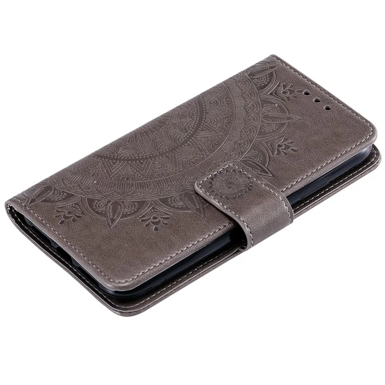 Étui portefeuille en cuir PU + coque TPU douce avec motif de fleur de mandala imprimé et dragonne pour Huawei nova 8i - Gris