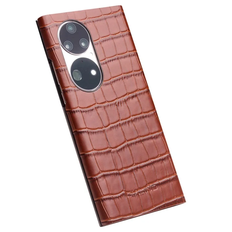 QIALINO Ultra-slim Crocodile Texture View Window Auto Wake/Sleep Genuine Leather Phone Case for Huawei P50 Pro - Brown