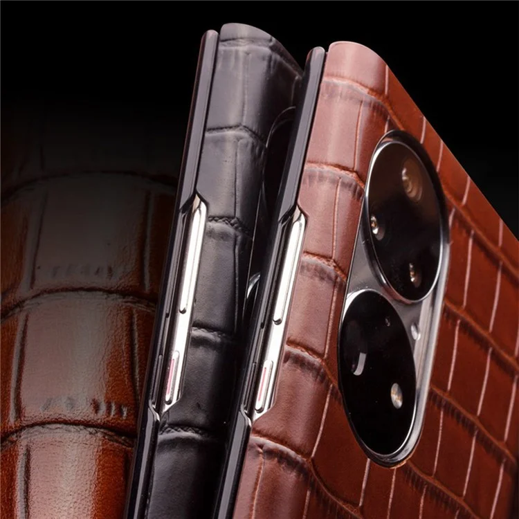 QIALINO Ultra-slim Crocodile Texture View Window Auto Wake/Sleep Genuine Leather Phone Case for Huawei P50 Pro - Brown