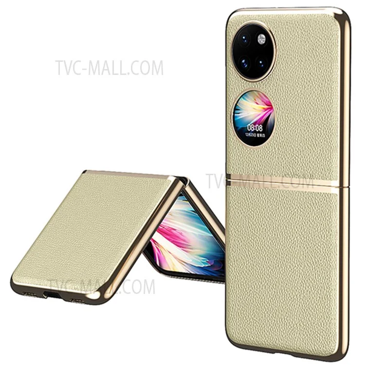 Étui de téléphone en PC revêtu de cuir PU anti-rayures pour Huawei P50 Pocket - Or