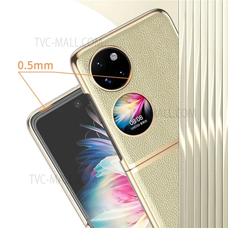 Étui de téléphone en PC revêtu de cuir PU anti-rayures pour Huawei P50 Pocket - Or