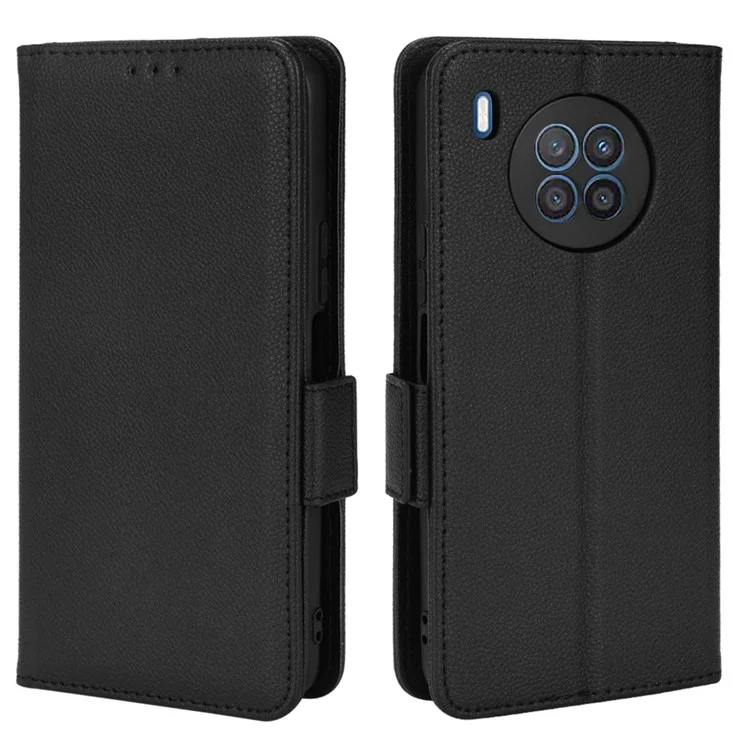Double Magnetic Clasp Litchi Texture PU Leather Stand Flip Cover Anti-Fall Protective Wallet Phone Case for Huawei nova 8i / Honor 50 Lite - Black